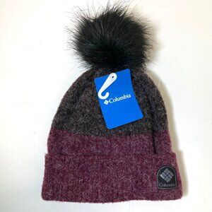 NWT Columbia Beanie Pompom Fleece lining, Unisex Grey Burgundy